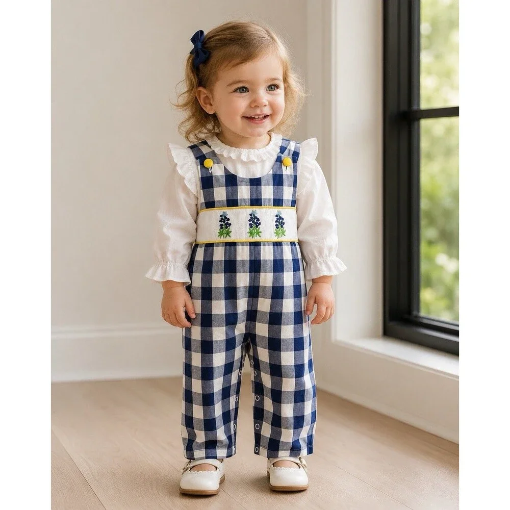 Toddler Girl’s Smocked Embroidered Long Romper Jumper Bluebonnets Checked 2T
